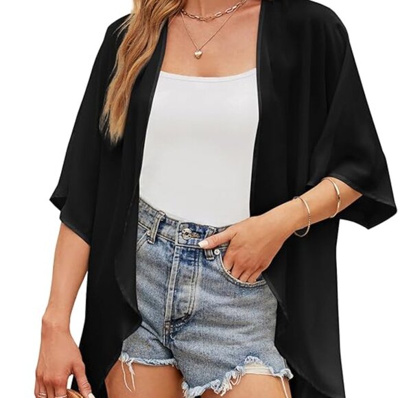 Women Floral Print Lightweight Chiffon Kimono Cardigan Short Sleeve Loose